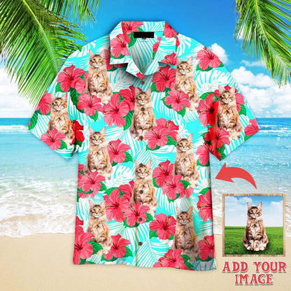 Maine Coon Hawaiian Shirt Custom Photo, Hibicus Floral Maine Coon Cat Floral Personalized Hawaiian Shirt - Perfect Gift For Cat Lovers, Family, Friends - Amzanimalsgift