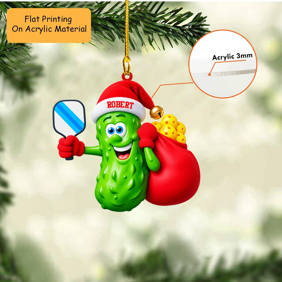 Personalized Pickleball Christmas Ornament, Santa Pickle Holding Paddle And Ball Bag, Custom Ornament Christmas Gift, Keychain Pickleball, Car Ornament Pickleball