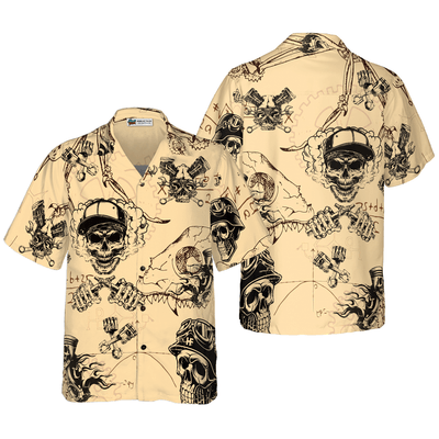 Mechanic Hawaiian Shirt, Skull On Retro Mechanism Background Aloha Shirt For Men - Perfect Gift For Mechanic, Husband, Boyfriend, Friend, Family - Amzanimalsgift