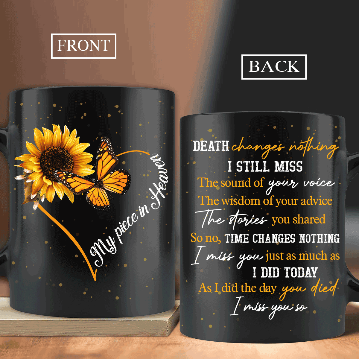 Memorial Black Mug - Sunflower painting, Orange butterfly, Stars in the sky - Gift for members family - My piece in heaven - Heaven Black Mug. - Amzanimalsgift