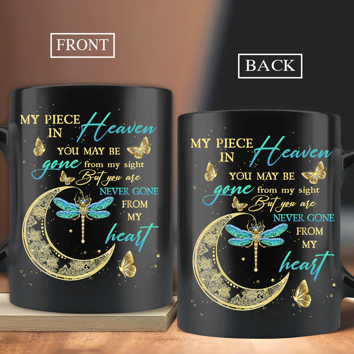 Memorial Black Mug, Sympathy Gift, Remembrance Gift, Heaven Black Mug - Golden Moon, Crystal Butterfly, You Are Never Gone From My Heart - Amzanimalsgift