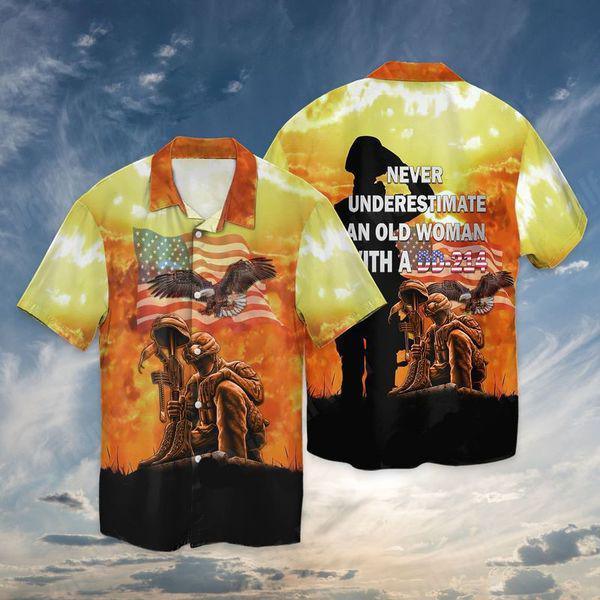 Memorial Day 4th Of July Independence Day Orange Aloha Hawaiian Shirts For Men Women, Gift For Summer, Never Underestimate An Old Woman With A DD 214 - Amzanimalsgift