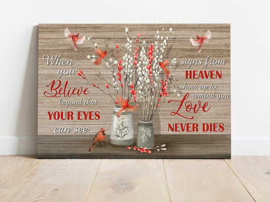 Memorial Landscape Canvas- Briar vases, Cardinal canvas- Gift for members family- When you believe beyond that your eyes can see signs from heaven - Amzanimalsgift