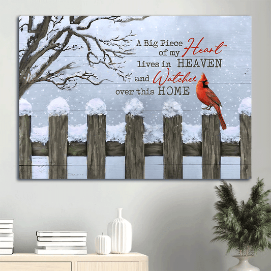 Memorial Landscape Canvas- Snow fence, Red cardinal- Gift for members family- A big piece of my heart lives in heaven - Heaven Landscape Canvas Prints, Wall Art - Amzanimalsgift