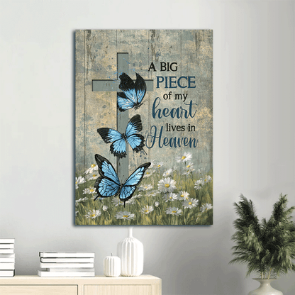 Memorial Portrait Canvas- Blue butterfly, Cross symbol, Daisy field - A big piece of my heart lives in heaven - Heaven Portrait Canvas - Gift for members family - Amzanimalsgift