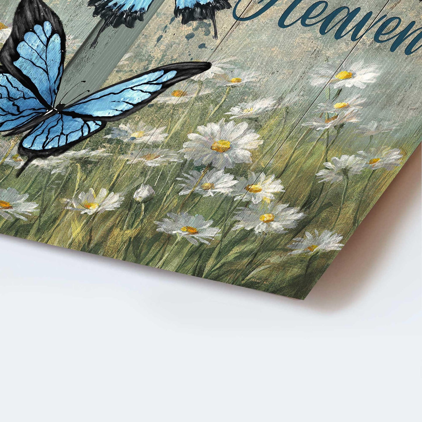 Memorial Portrait Canvas- Blue butterfly, Cross symbol, Daisy field - A big piece of my heart lives in heaven - Heaven Portrait Canvas - Gift for members family - Amzanimalsgift