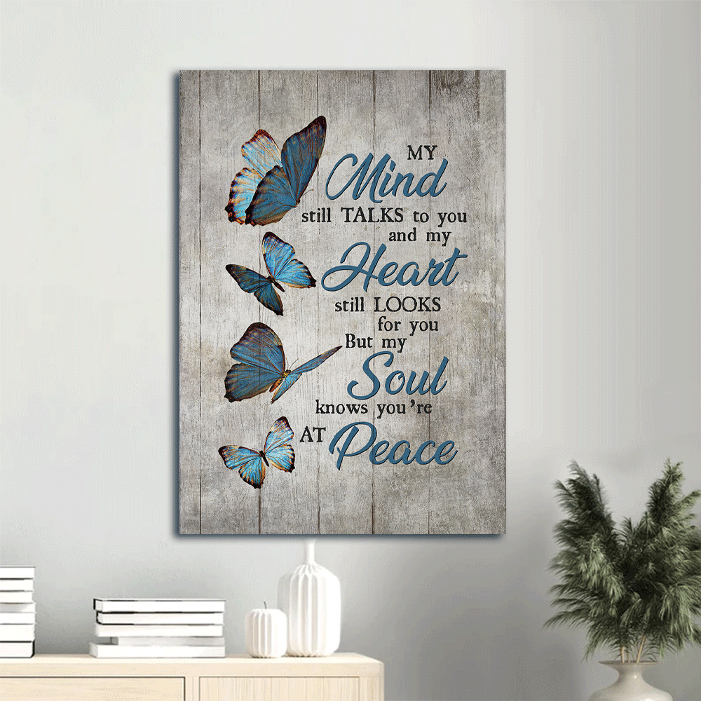 Memorial Portrait Canvas- Blue butterfly, Grey background canvas- Gift for members family- You are at peace - Heaven Portrait Canvas Prints, Wall Art - Amzanimalsgift