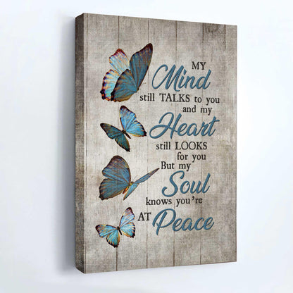 Memorial Portrait Canvas- Blue butterfly, Grey background canvas- Gift for members family- You are at peace - Heaven Portrait Canvas Prints, Wall Art - Amzanimalsgift