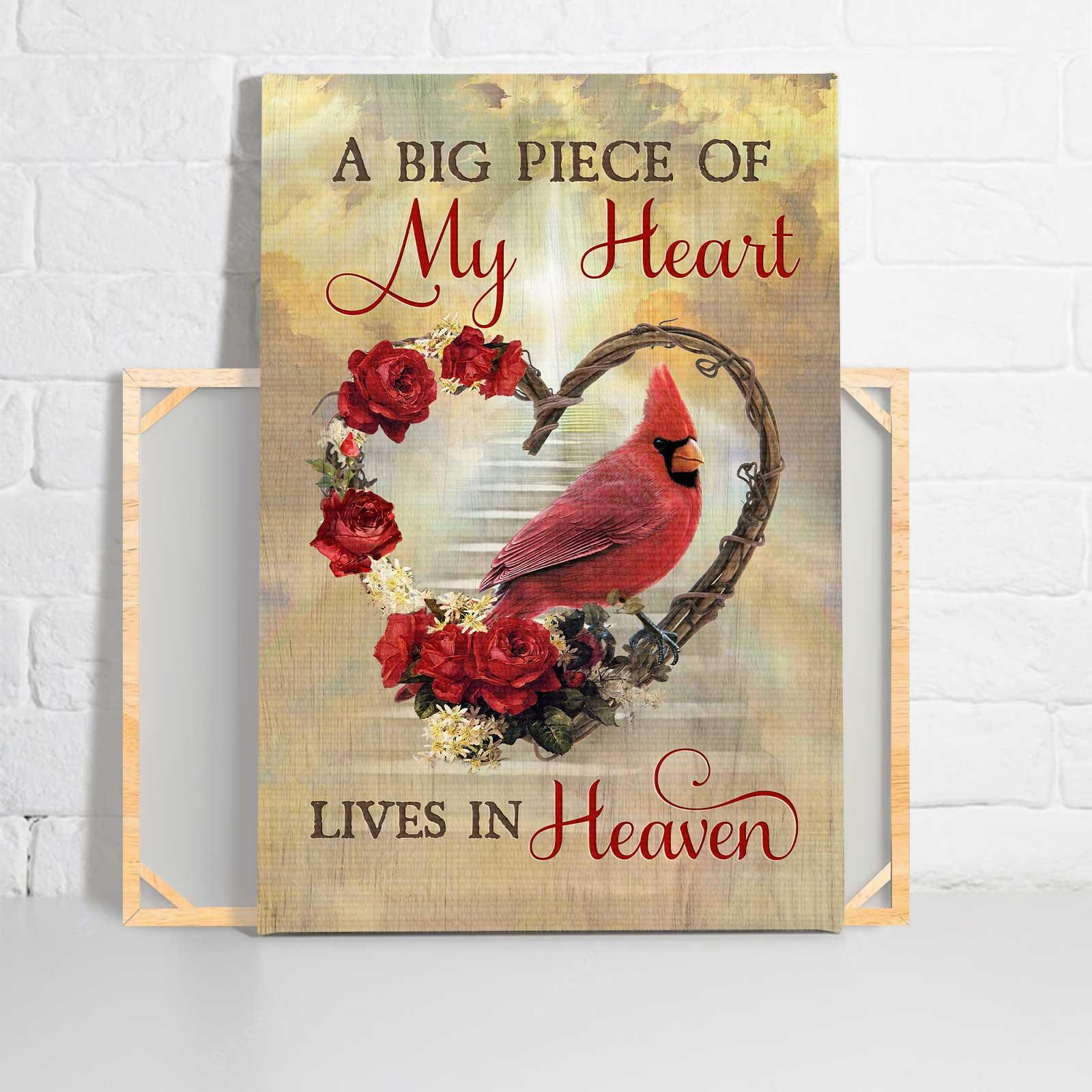 Memorial Portrait Canvas- Flower wreath, Red rose, Cardinal drawing canvas- Gift for members family- A big piece of my heart lives in heaven - Heaven Portrait Canvas Prints, Wall Art - Amzanimalsgift