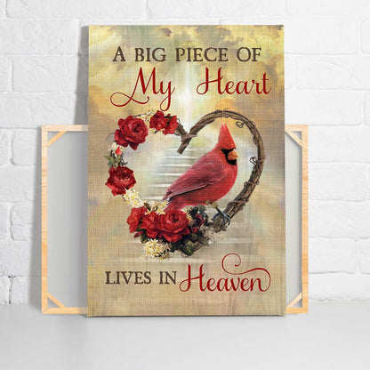 Memorial Portrait Canvas- Flower wreath, Red rose, Cardinal drawing canvas- Gift for members family- A big piece of my heart lives in heaven - Heaven Portrait Canvas Prints, Wall Art - Amzanimalsgift