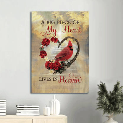 Memorial Portrait Canvas- Flower wreath, Red rose, Cardinal drawing canvas- Gift for members family- A big piece of my heart lives in heaven - Heaven Portrait Canvas Prints, Wall Art - Amzanimalsgift