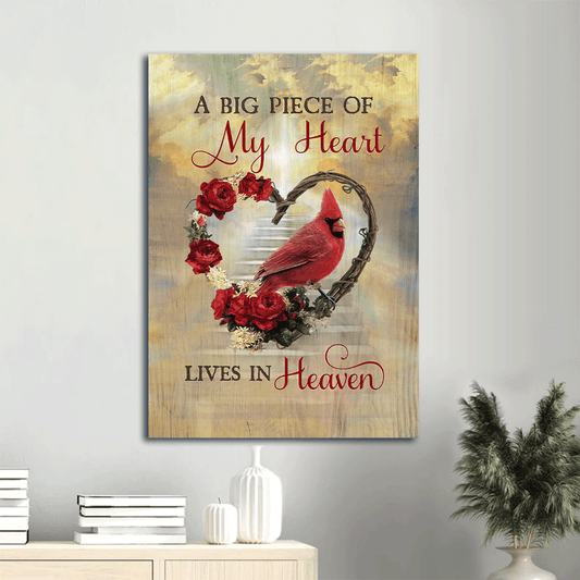 Memorial Portrait Canvas- Flower wreath, Red rose, Cardinal drawing canvas- Gift for members family- A big piece of my heart lives in heaven - Heaven Portrait Canvas Prints, Wall Art - Amzanimalsgift
