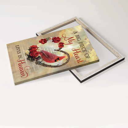 Memorial Portrait Canvas- Flower wreath, Red rose, Cardinal drawing canvas- Gift for members family- A big piece of my heart lives in heaven - Heaven Portrait Canvas Prints, Wall Art - Amzanimalsgift