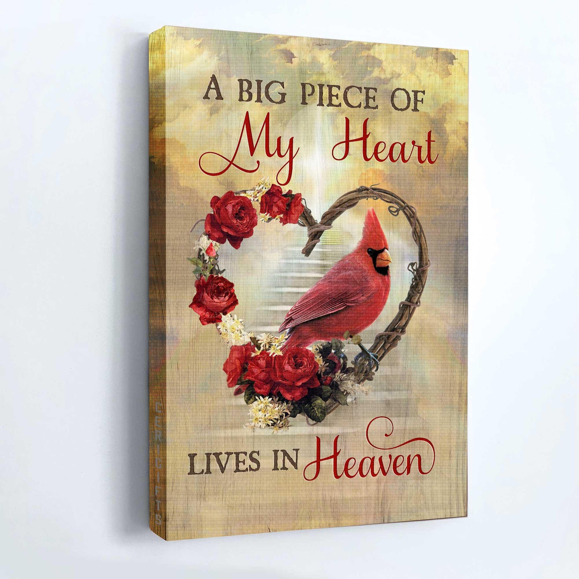 Memorial Portrait Canvas- Flower wreath, Red rose, Cardinal drawing canvas- Gift for members family- A big piece of my heart lives in heaven - Heaven Portrait Canvas Prints, Wall Art - Amzanimalsgift