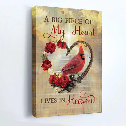 Memorial Portrait Canvas- Flower wreath, Red rose, Cardinal drawing canvas- Gift for members family- A big piece of my heart lives in heaven - Heaven Portrait Canvas Prints, Wall Art - Amzanimalsgift
