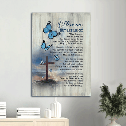 Memorial Portrait Canvas- Pretty Blue butterfly, Cross symbol- Gift for family- Miss me but let me go - Heaven Portrait Canvas Prints, Wall Art - Amzanimalsgift