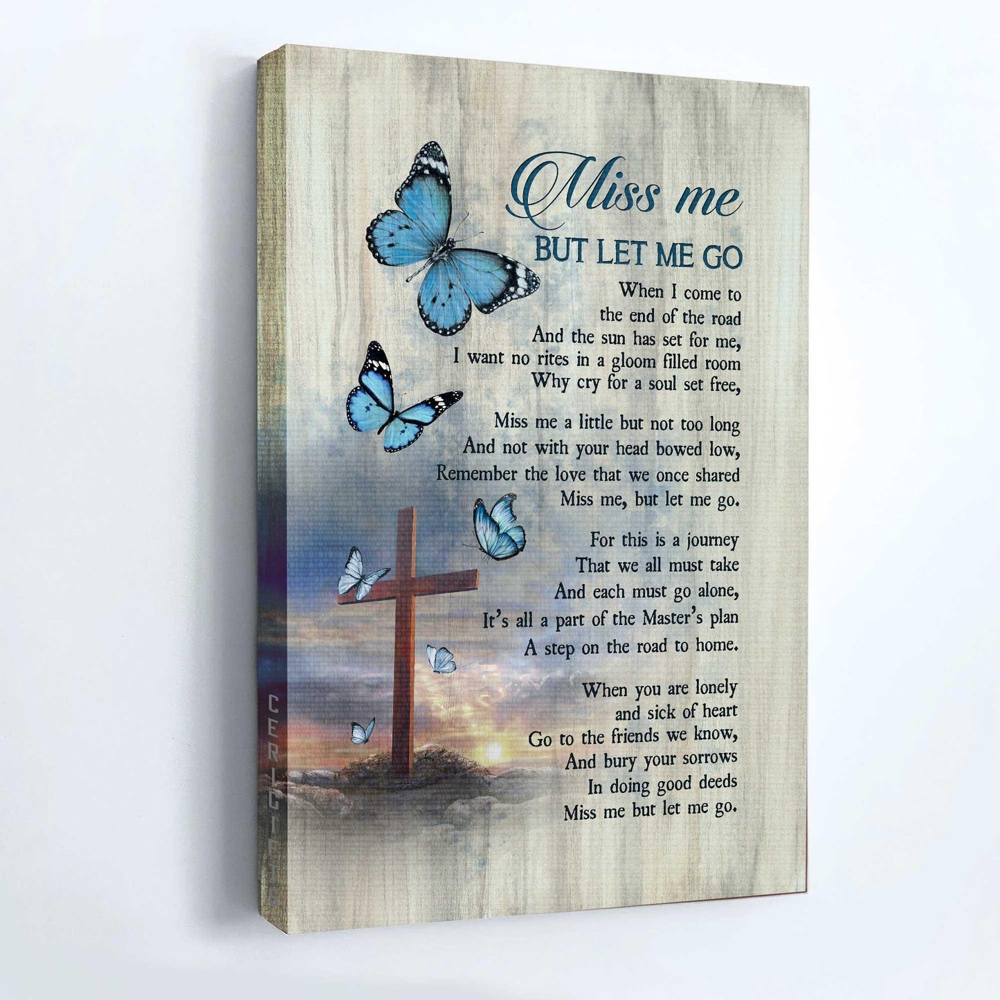 Memorial Portrait Canvas- Pretty Blue butterfly, Cross symbol- Gift for family- Miss me but let me go - Heaven Portrait Canvas Prints, Wall Art - Amzanimalsgift