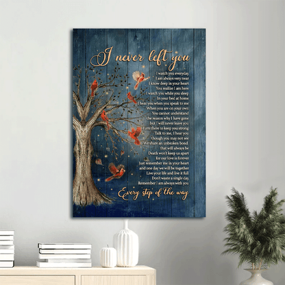 Memorial Portrait Canvas- Red cardinal bird, Inspirational quotes, I never left you - Memorial gift for family- Heaven Portrait Canvas Prints, Home Decor Wall Art - Amzanimalsgift