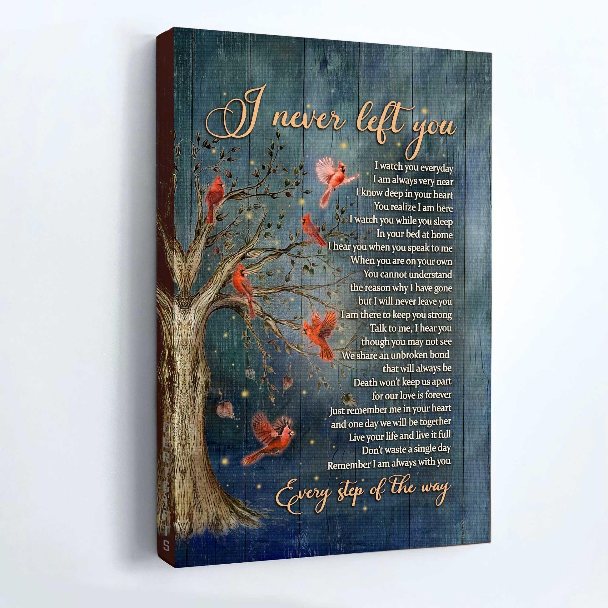 Memorial Portrait Canvas- Red cardinal bird, Inspirational quotes, I never left you - Memorial gift for family- Heaven Portrait Canvas Prints, Home Decor Wall Art - Amzanimalsgift