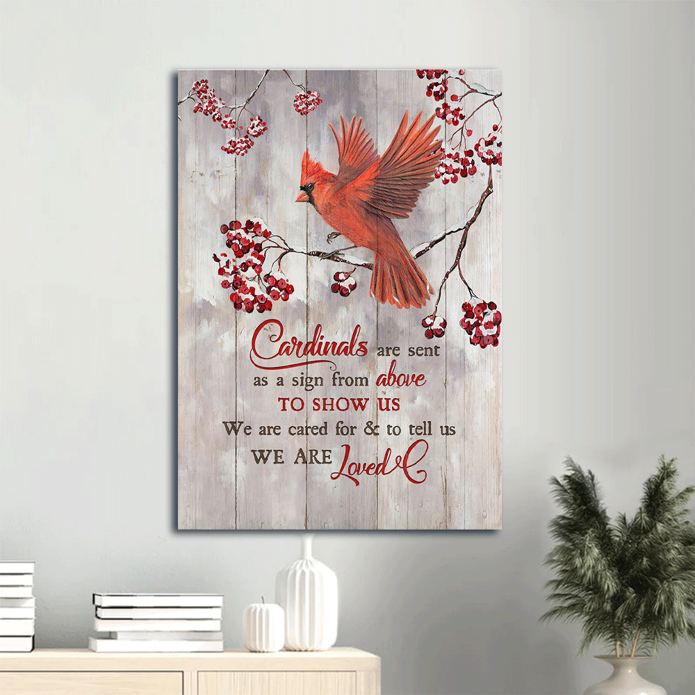 Memorial Portrait Canvas - Red cardinal, Frozen cranberry - Gift For Member Family - Cardinals are sent as a sign from above to show us we are loved - Heaven Portrait Canvas - Amzanimalsgift