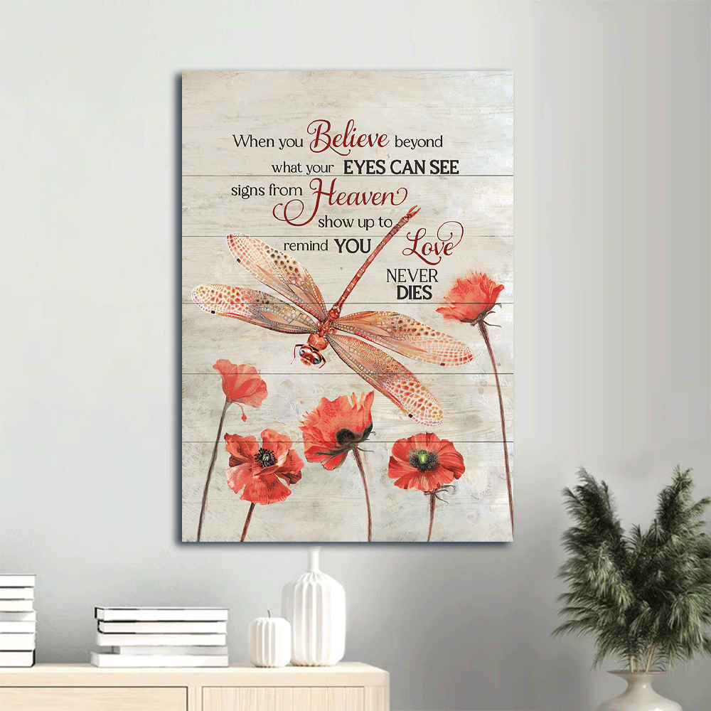 Memorial Portrait Canvas- Red dragonfly, Poppy painting - Gift for members family- Signs from heaven show up to remind you love never dies - Heaven Portrait Canvas Prints, Wall Art - Amzanimalsgift