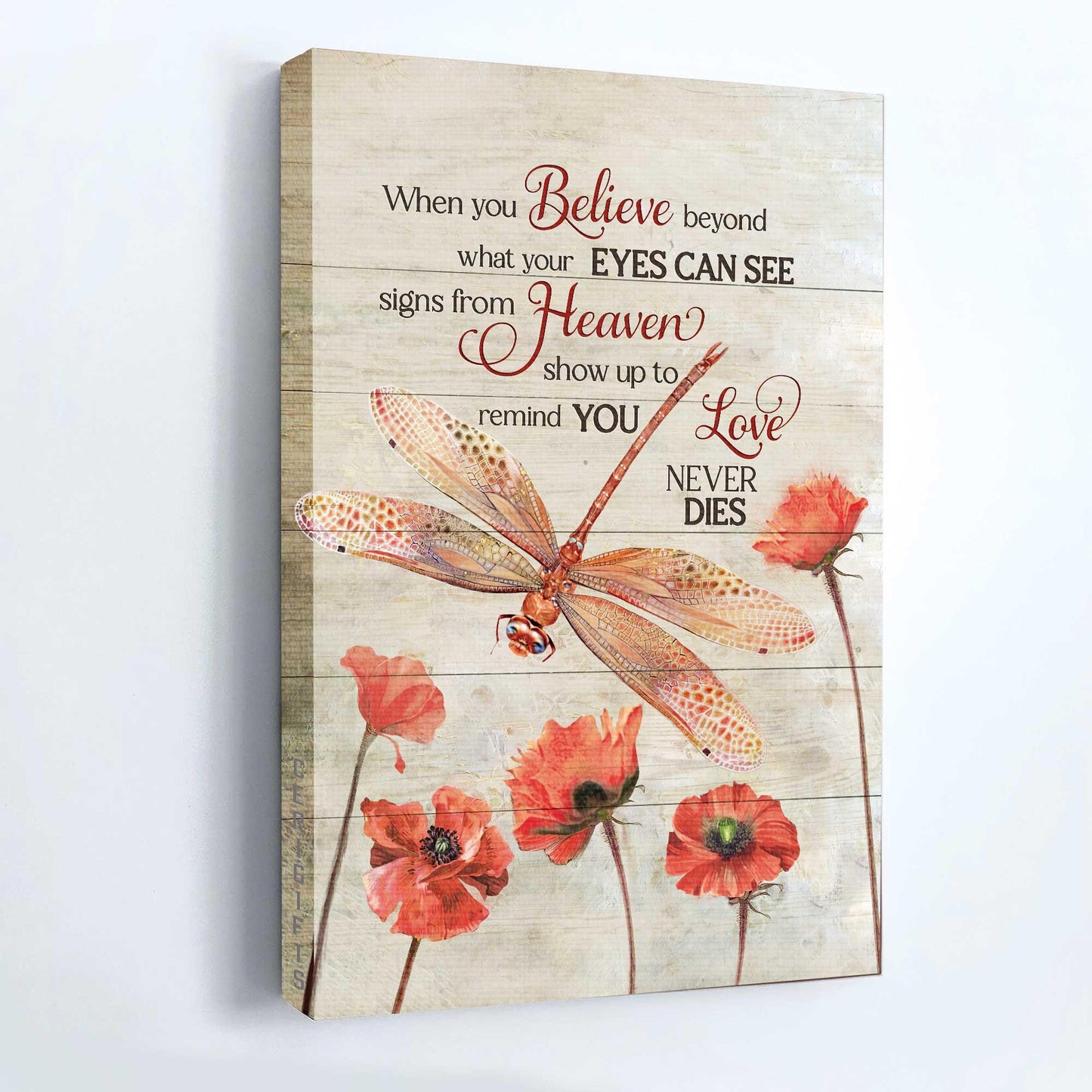 Memorial Portrait Canvas- Red dragonfly, Poppy painting - Gift for members family- Signs from heaven show up to remind you love never dies - Heaven Portrait Canvas Prints, Wall Art - Amzanimalsgift