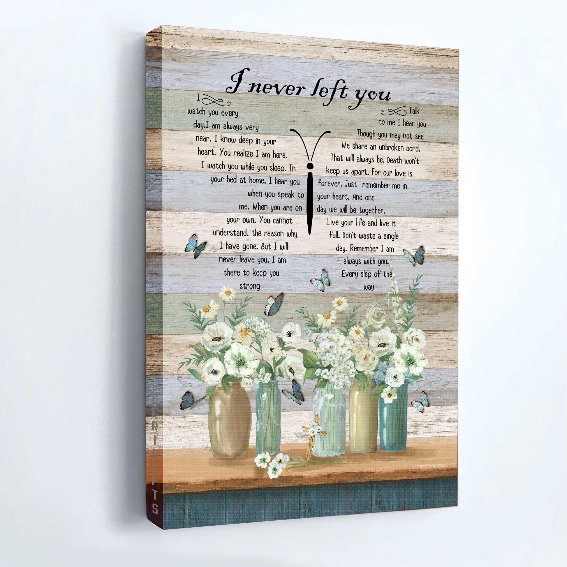 Memorial Portrait Premium Wrapped Canvas - Blue Butterfly, Flower Painting, Beautiful, I Never Left You - Heaven Gifts For Members Family - Amzanimalsgift