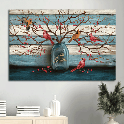 Memorial Premium Wrapped Landscape Canvas - Beautiful cranberry tree, Cardinal painting, Blue background, Just breathe - Heaven Gift For Family - Amzanimalsgift