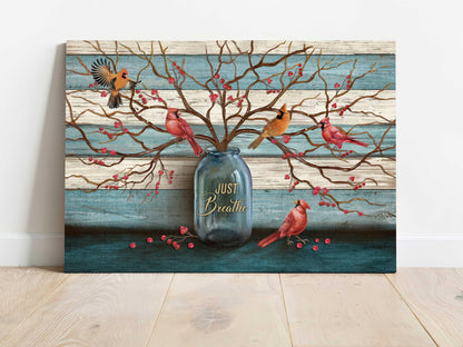 Memorial Premium Wrapped Landscape Canvas - Beautiful cranberry tree, Cardinal painting, Blue background, Just breathe - Heaven Gift For Family - Amzanimalsgift