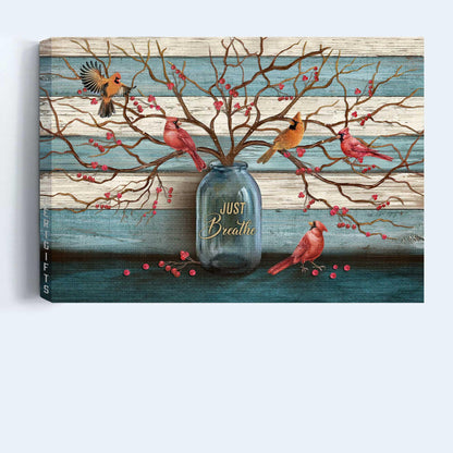 Memorial Premium Wrapped Landscape Canvas - Beautiful cranberry tree, Cardinal painting, Blue background, Just breathe - Heaven Gift For Family - Amzanimalsgift