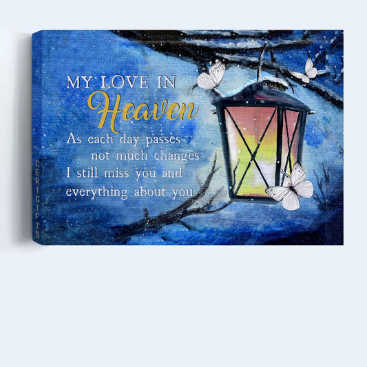 Memorial Premium Wrapped Landscape Canvas - Beautiful Lantern, White Butterfly, Blue Night, My Love In Heaven - Heaven Gift For Family Members - Amzanimalsgift