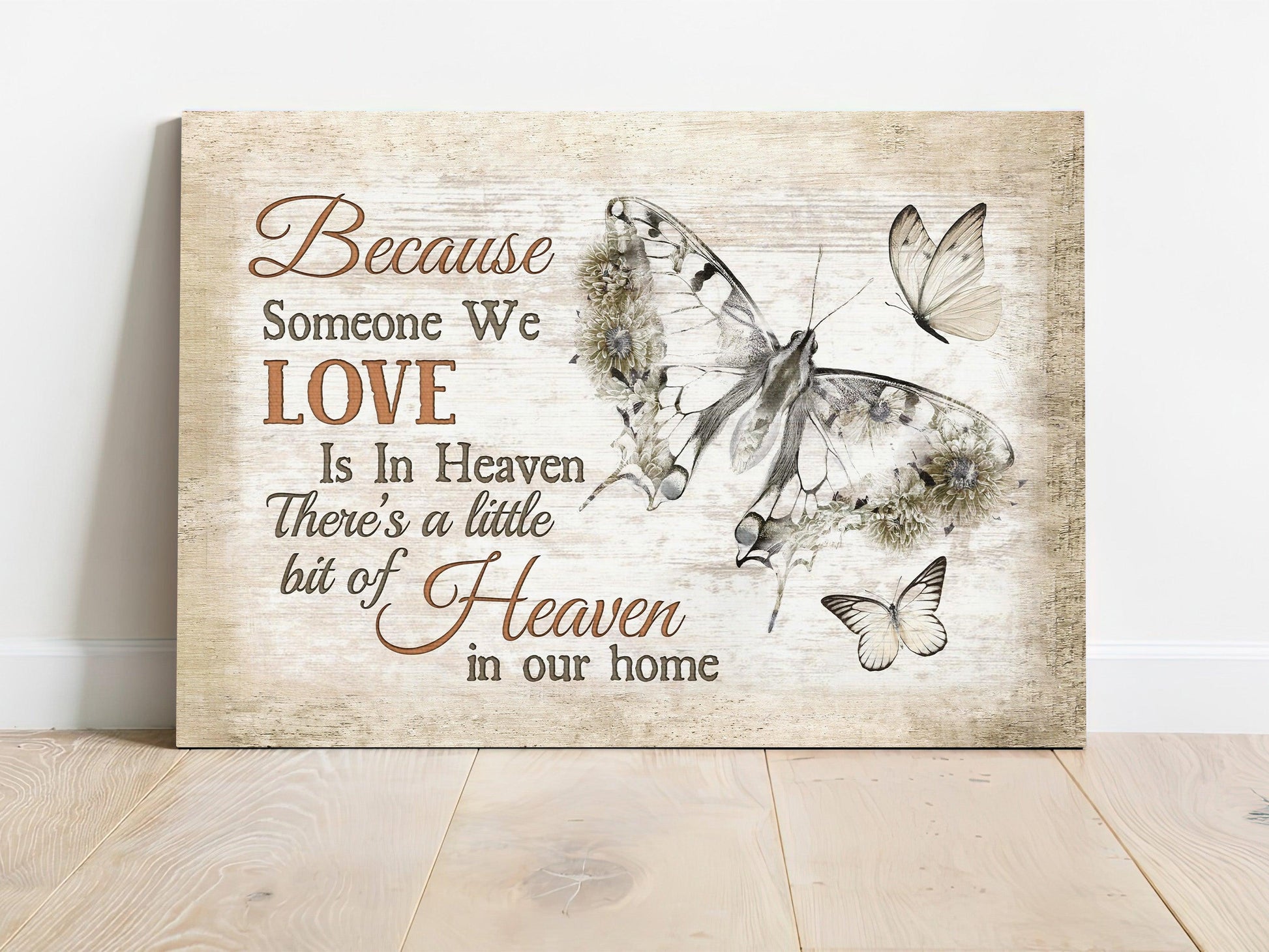 Memorial Premium Wrapped Landscape Canvas - Black butterfly, Butterfly Drawing, Because Someone We Love Is In Heaven - Heacen Gift For Members Family - Amzanimalsgift