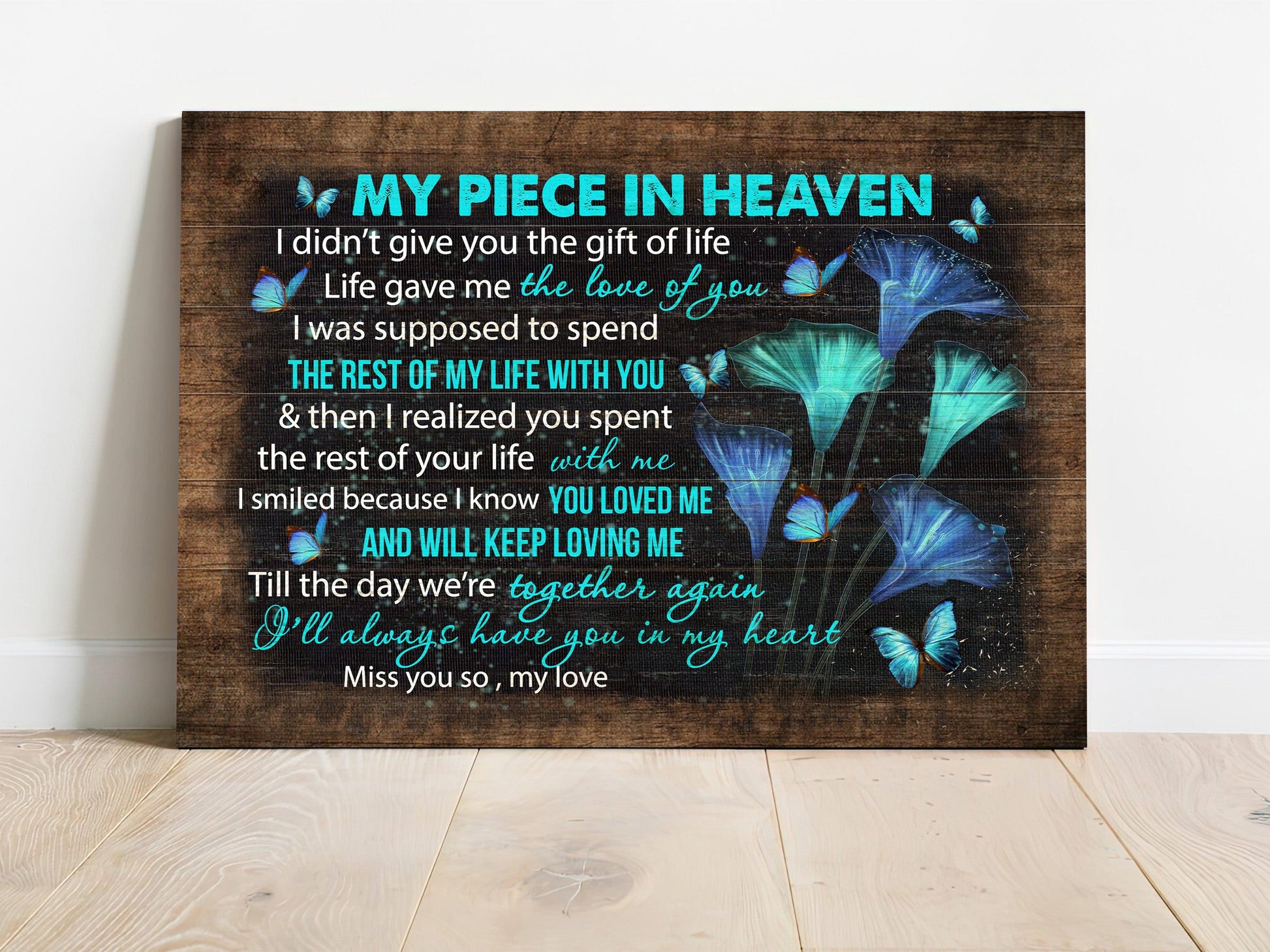 Memorial Premium Wrapped Landscape Canvas - Blue butterflies, Beautiful butterfly canvas, My piece in heaven - Heaven Gifts for members family - Amzanimalsgift