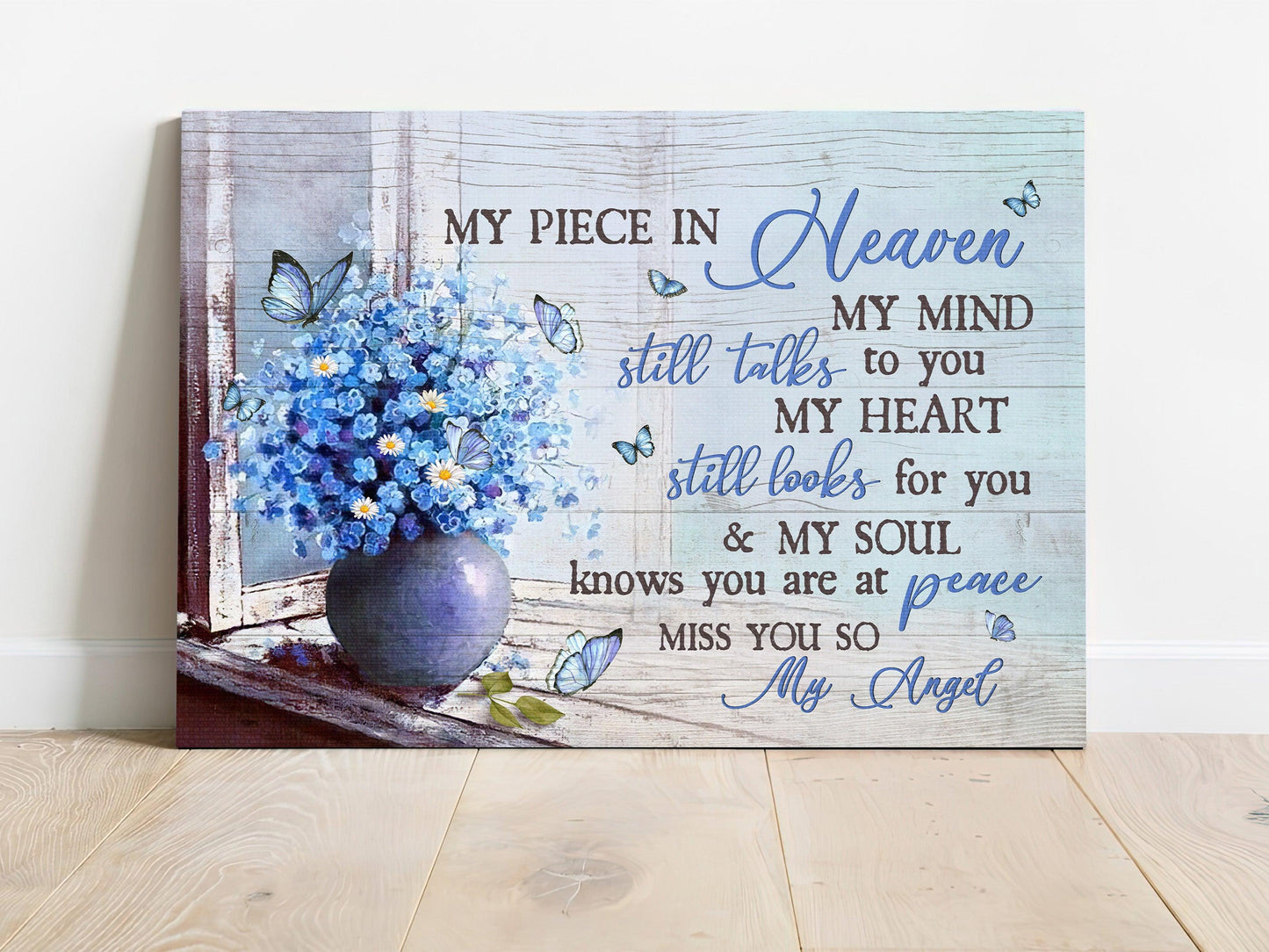 Memorial Premium Wrapped Landscape Canvas - Blue Butterfly , Baby Blue Eyes, My Heart Still Looks For You - Heaven Gift For Members Family - Amzanimalsgift