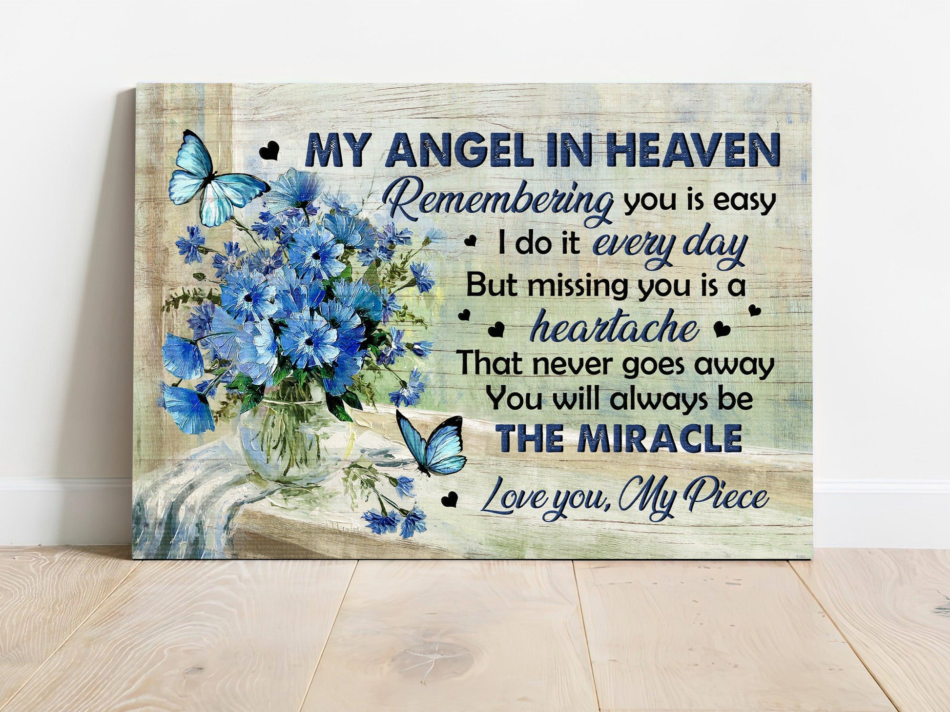 Memorial Premium Wrapped Landscape Canvas - Blue Butterfly, Baby Blue Eyes, You Will Always Be The Miracle- Heaven Gift For Members Family - Amzanimalsgift