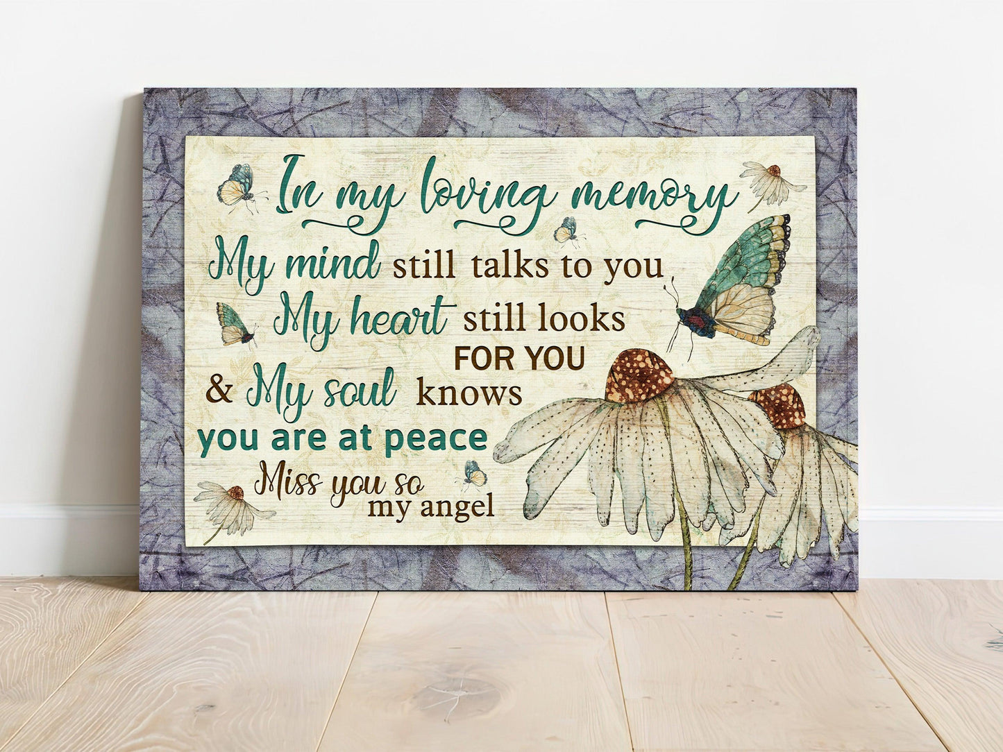 Memorial Premium Wrapped Landscape Canvas - Butterfly Drawing, White Flower Painting, My Heart Still Looks For You - Heaven Gift For Members Family - Amzanimalsgift