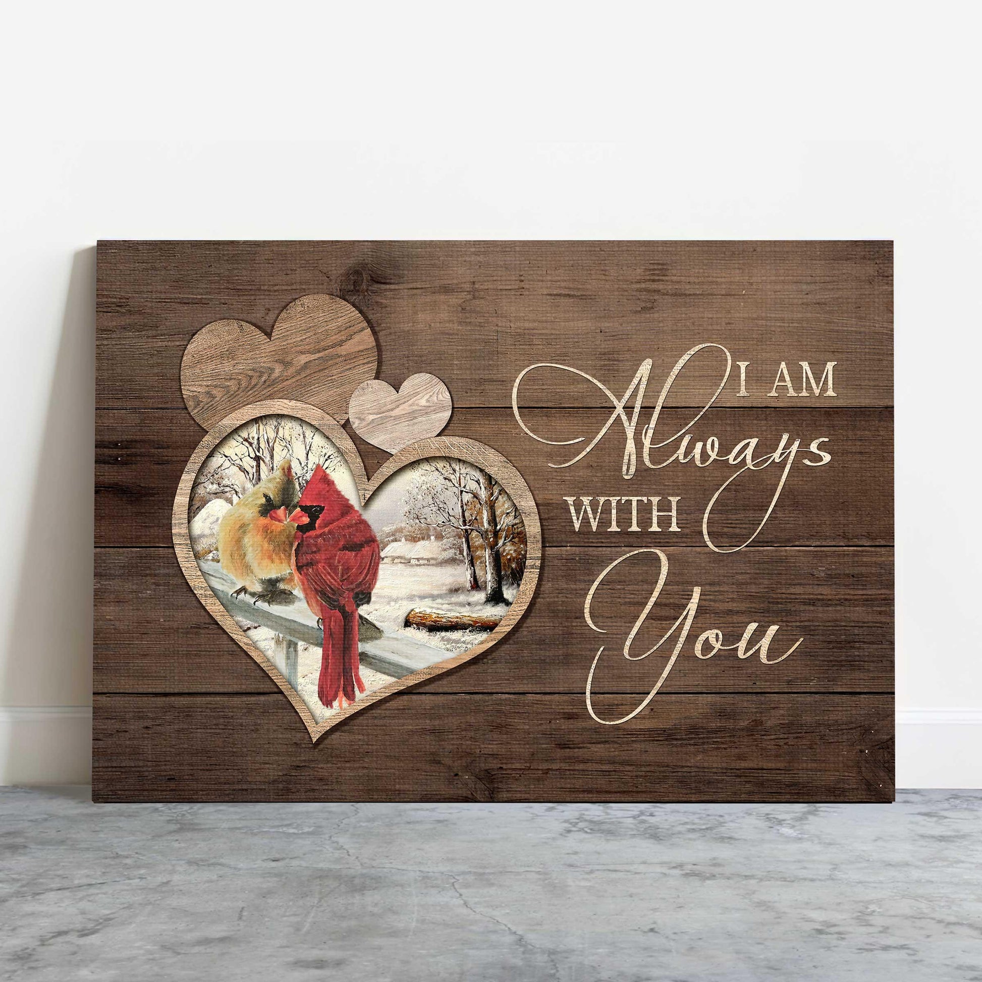 Memorial Premium Wrapped Landscape Canvas - Cardinal Couple, Heart Wooden Background, I Am Always With You - Heaven Gifts For Family Members - Amzanimalsgift