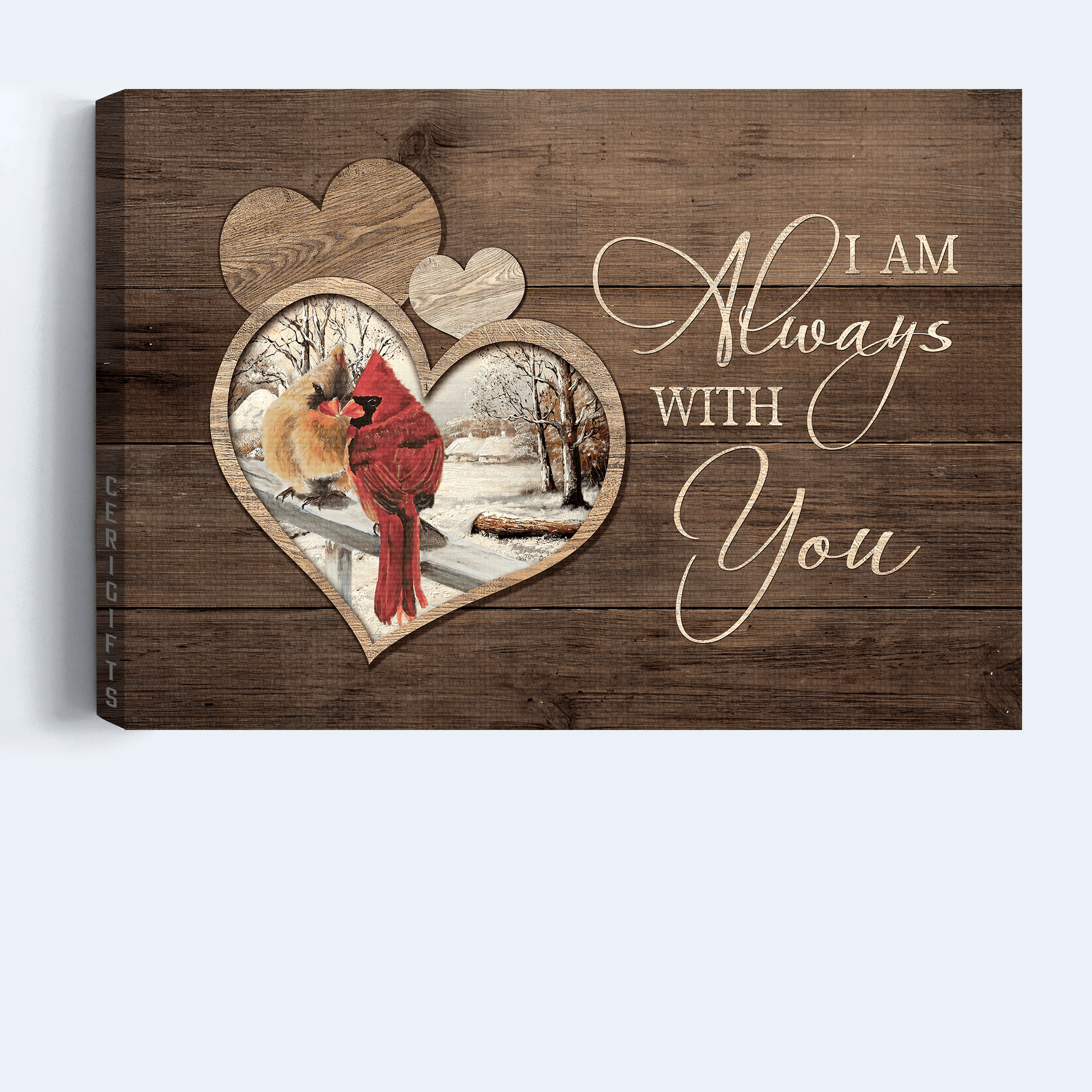 Memorial Premium Wrapped Landscape Canvas - Cardinal Couple, Heart Wooden Background, I Am Always With You - Heaven Gifts For Family Members - Amzanimalsgift