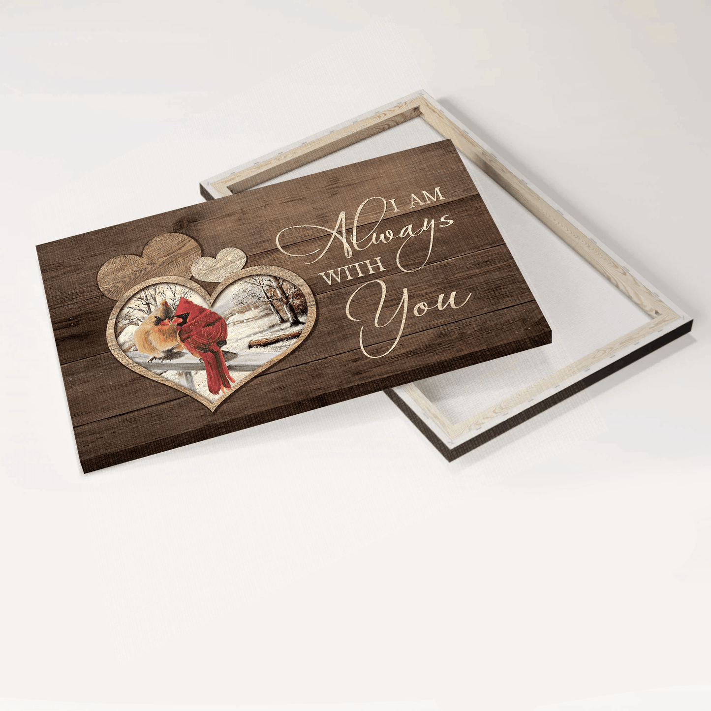 Memorial Premium Wrapped Landscape Canvas - Cardinal Couple, Heart Wooden Background, I Am Always With You - Heaven Gifts For Family Members - Amzanimalsgift