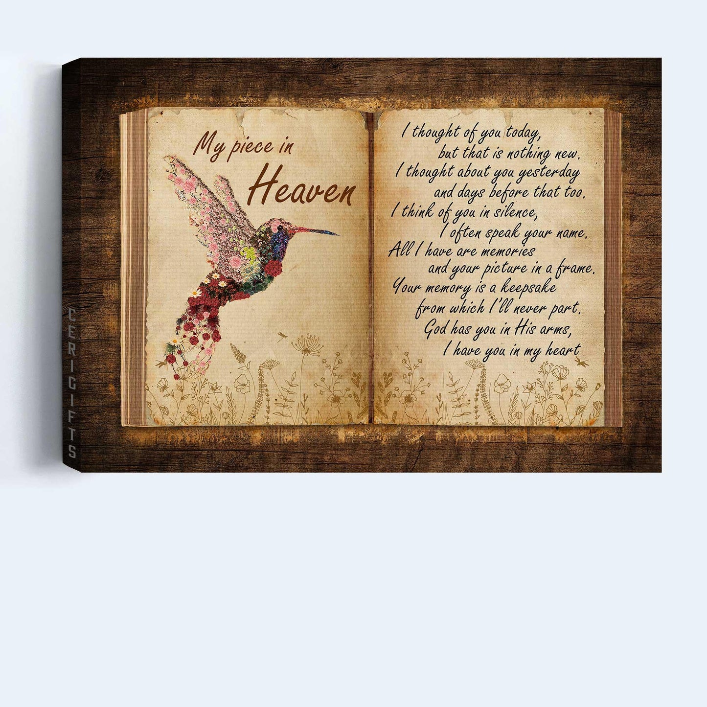 Memorial Premium Wrapped Landscape Canvas - Flower Hummingbird, Antique Book, Old Letter, My Piece In Heaven - Heaven Gifts For Members Family - Amzanimalsgift