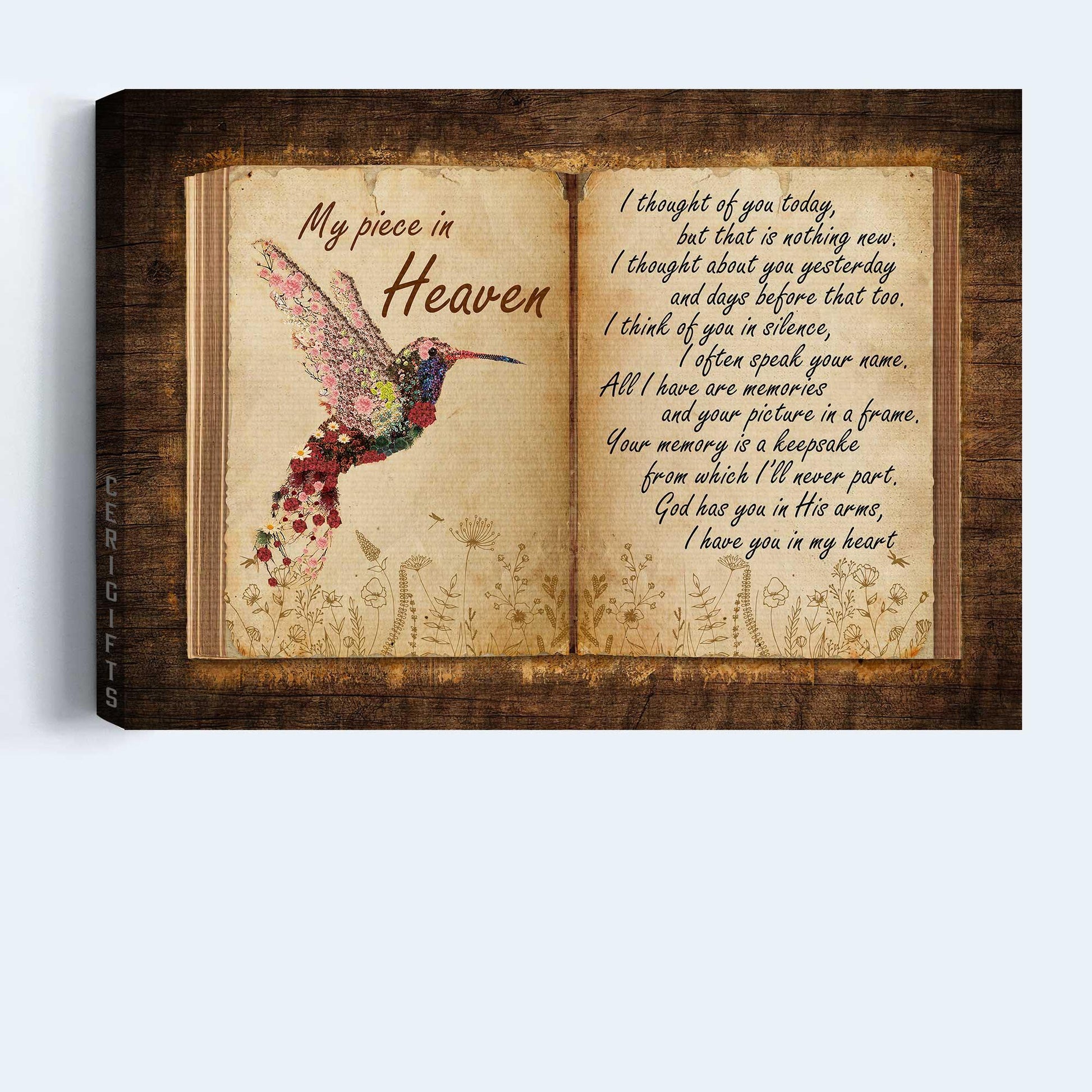 Memorial Premium Wrapped Landscape Canvas - Flower Hummingbird, Antique Book, Old Letter, My Piece In Heaven - Heaven Gifts For Members Family - Amzanimalsgift