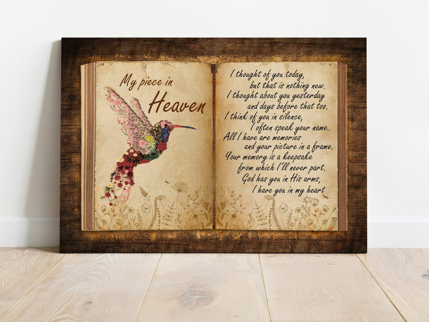 Memorial Premium Wrapped Landscape Canvas - Flower Hummingbird, Antique Book, Old Letter, My Piece In Heaven - Heaven Gifts For Members Family - Amzanimalsgift