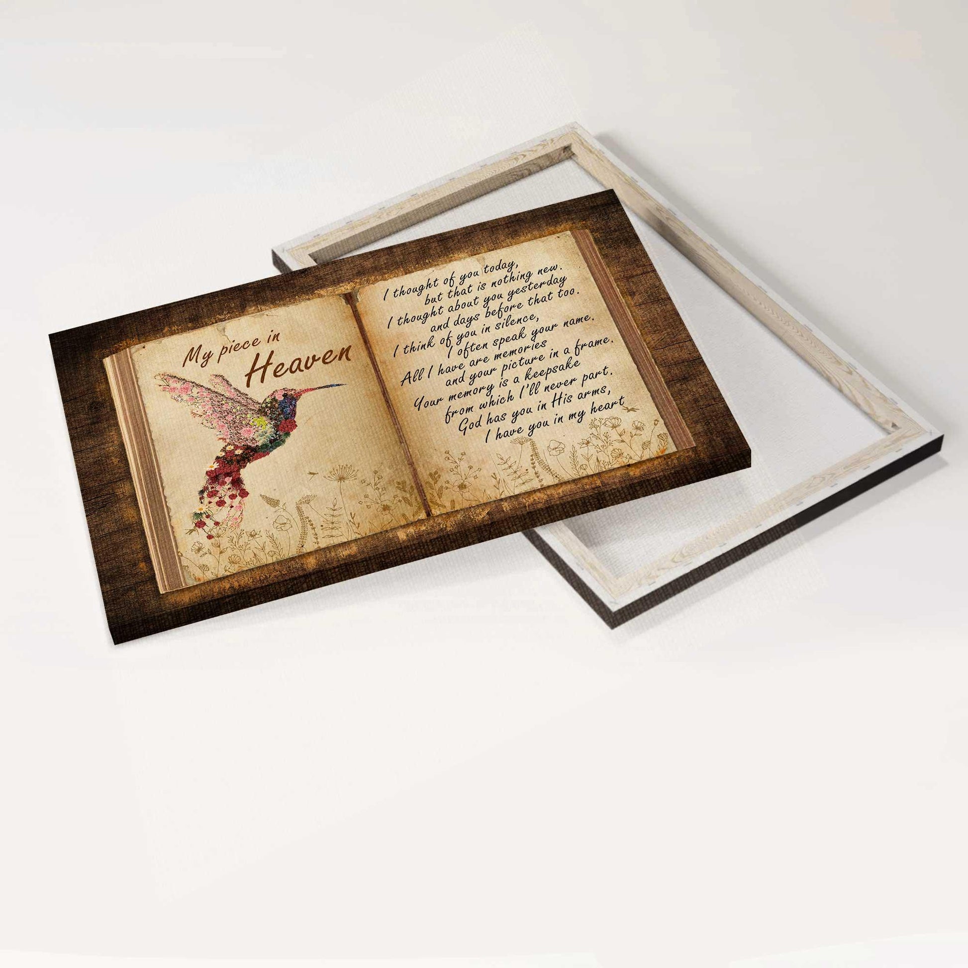 Memorial Premium Wrapped Landscape Canvas - Flower Hummingbird, Antique Book, Old Letter, My Piece In Heaven - Heaven Gifts For Members Family - Amzanimalsgift