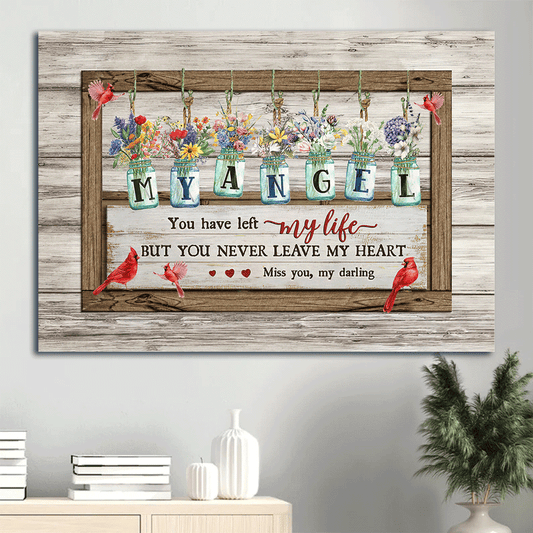 Memorial Premium Wrapped Landscape Canvas - Flower jars, Vintage painting, Cardinals canvas, You never leave my heart - Heaven Gifts for members family - Amzanimalsgift