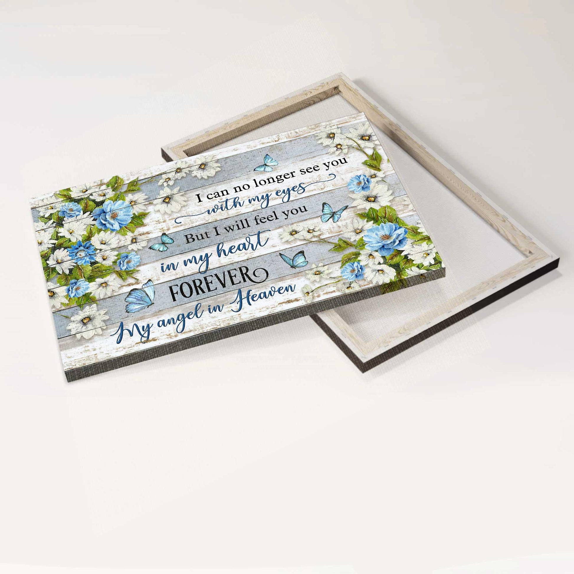 Memorial Premium Wrapped Landscape Canvas - Flower painting, Blue butterfly, I will feel you in my heart forever - Heaven Gifts for members family - Amzanimalsgift