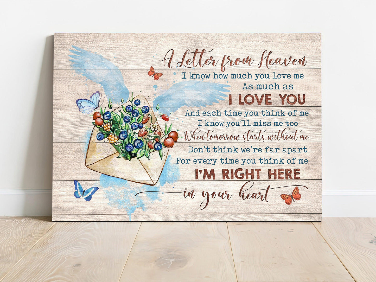 Memorial Premium Wrapped Landscape Canvas - Flower painting, Butterfly canvas, Letter from heaven - Heaven Gifts for members family - Amzanimalsgift