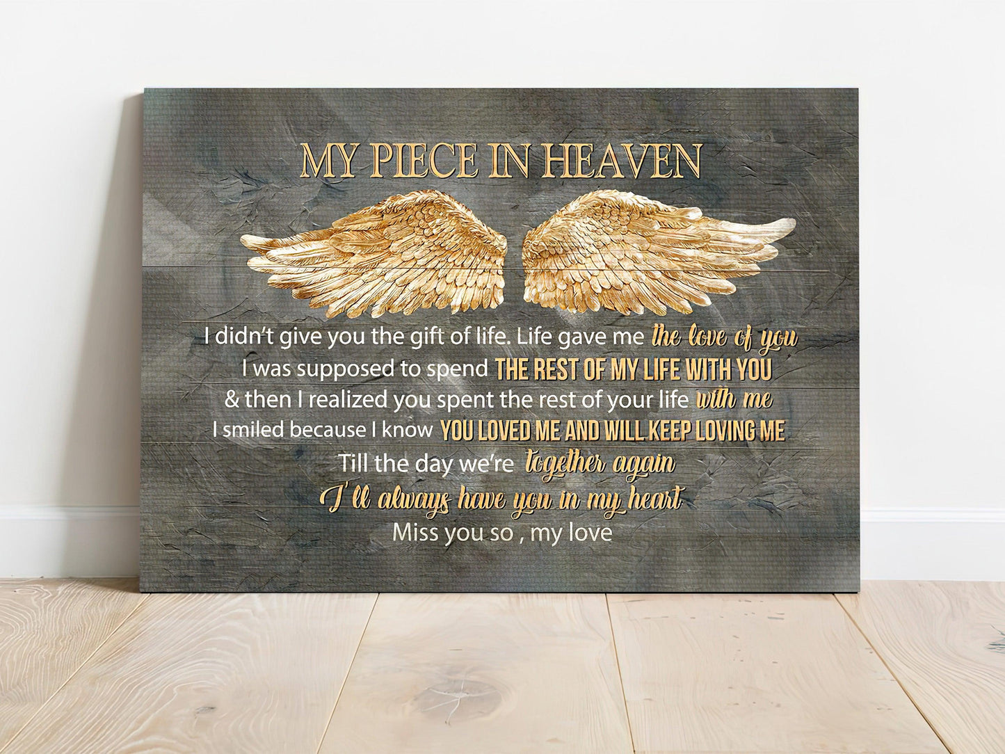 Memorial Premium Wrapped Landscape Canvas - Golden wings, My piece in heaven - Heaven Gifts for members family - Amzanimalsgift