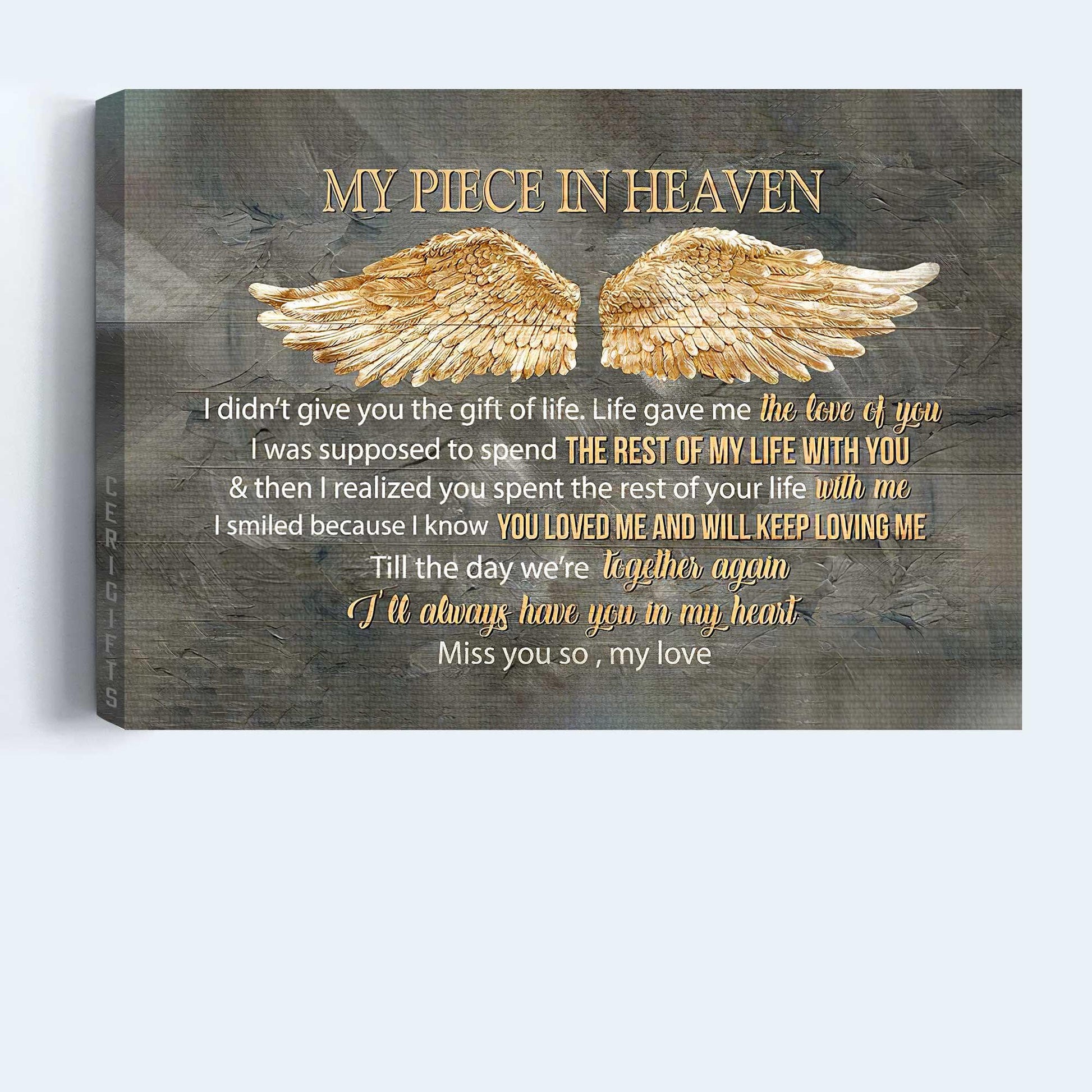 Memorial Premium Wrapped Landscape Canvas - Golden wings, My piece in heaven - Heaven Gifts for members family - Amzanimalsgift