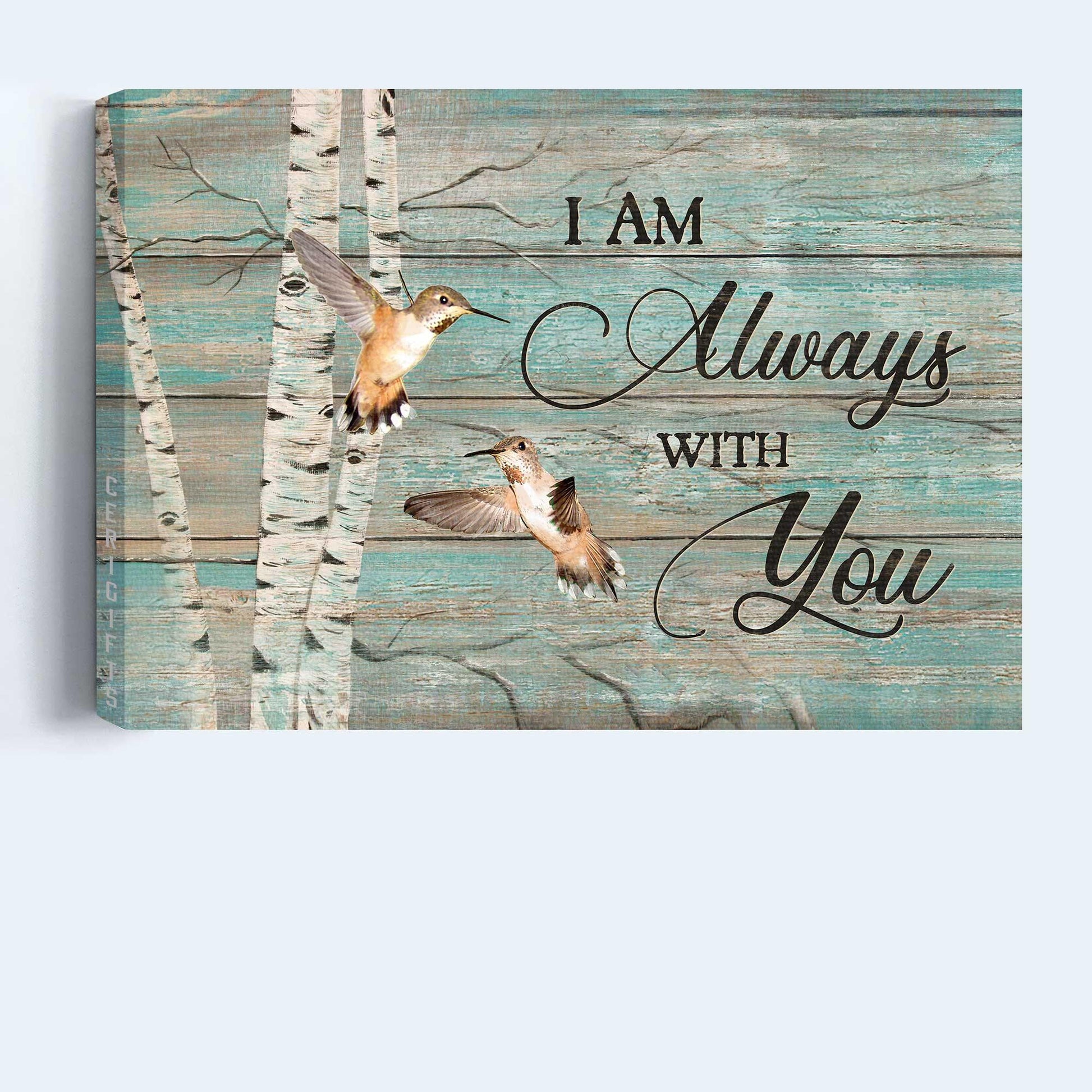 Memorial Premium Wrapped Landscape Canvas - Hummingbird drawing, Blue background, Oldest tree, I am always with you -Heaven Gifts for members family - Amzanimalsgift