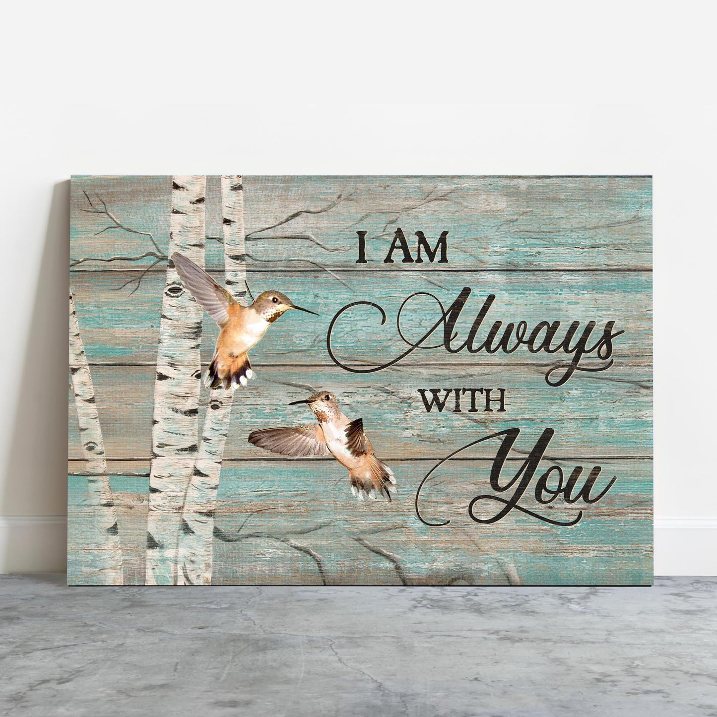 Memorial Premium Wrapped Landscape Canvas - Hummingbird drawing, Blue background, Oldest tree, I am always with you -Heaven Gifts for members family - Amzanimalsgift